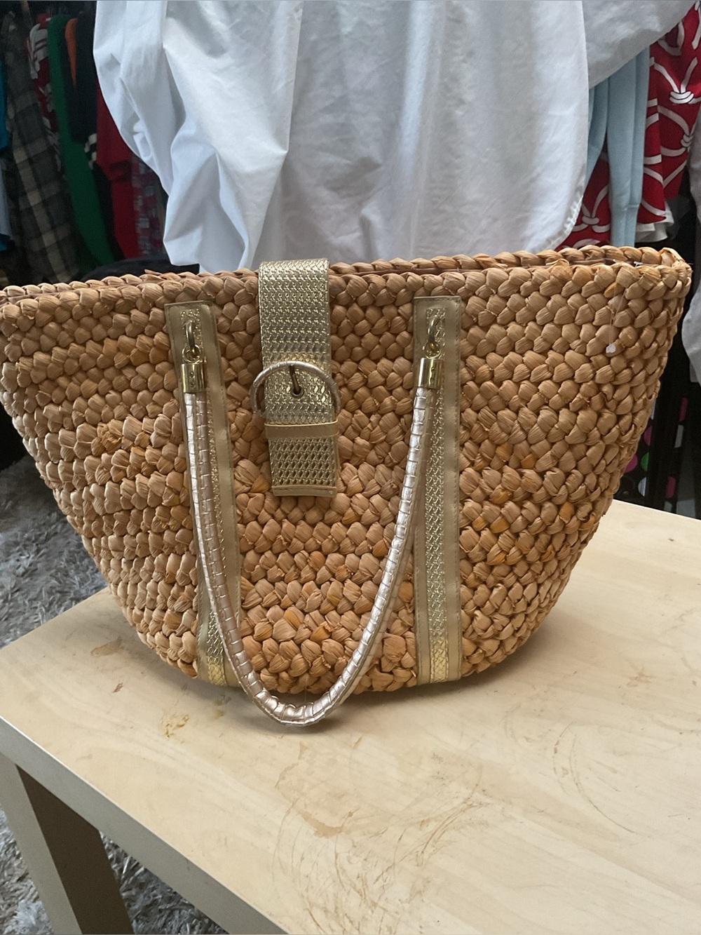 Woven Straw Tote with Gold Trim and Buckle